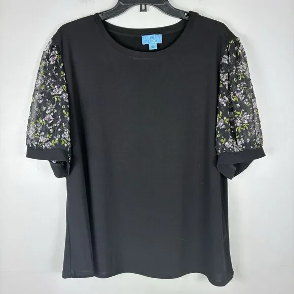 CeCe Swiss Dot Blouse Woman’s Sz 2X Plus Black Short Sleeve Coquette Romantic - Picture 1 of 8
